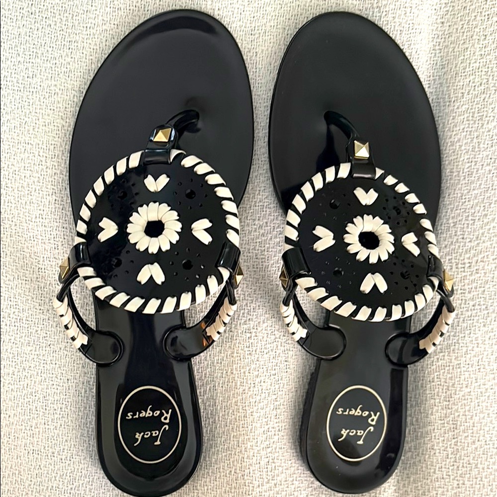 Jack Rogers Black and White Sandals with Decorative Pattern